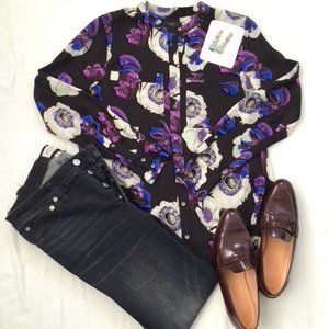 J Crew Slik Floral Button-up Banded Collar Blouse Sz